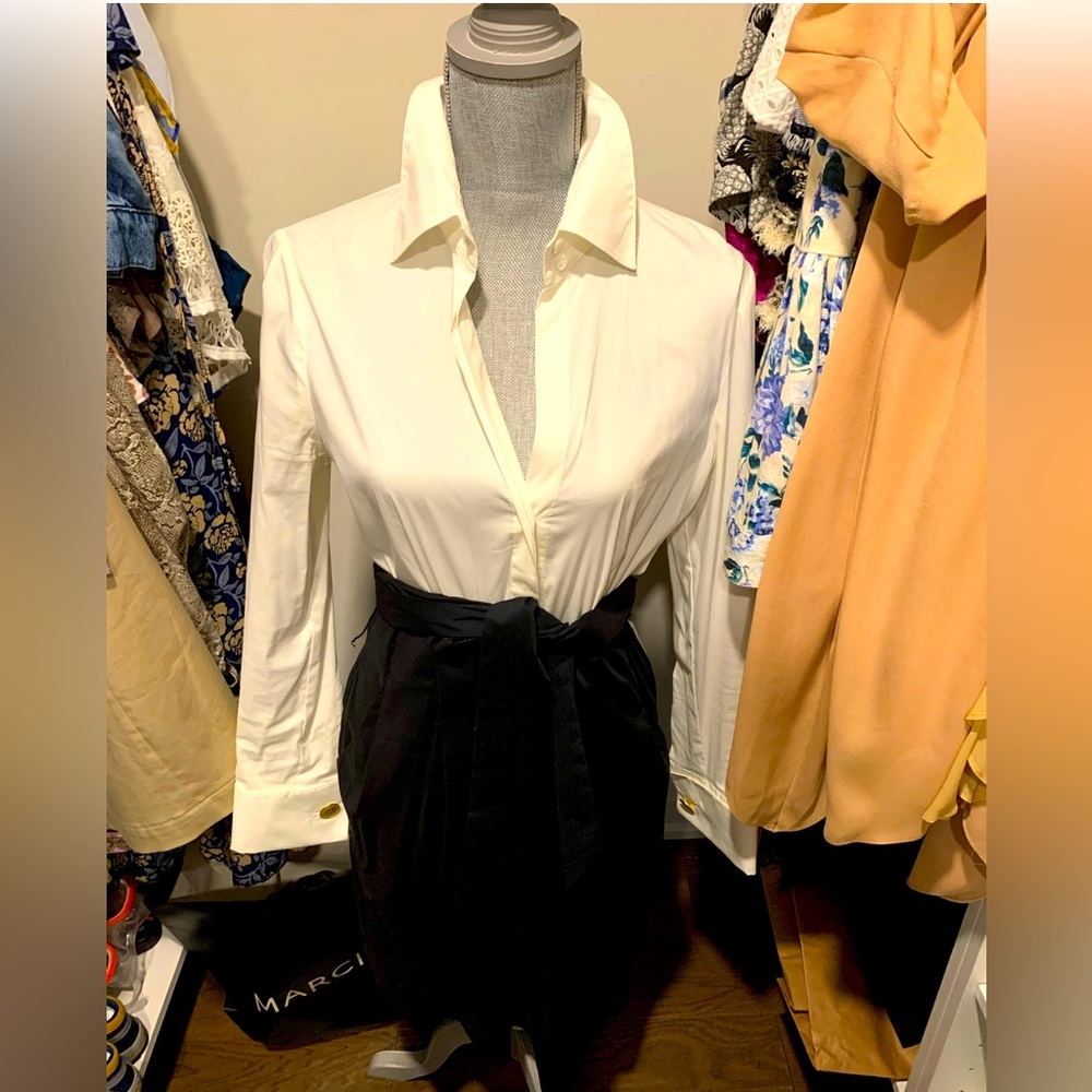 BCBG Max Azria White and Black Cocktail Dress with Gold Accents